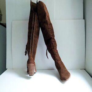 Brown Suede Thigh High Western Style FoldOver Boots with Back Stitching Sz 7.5